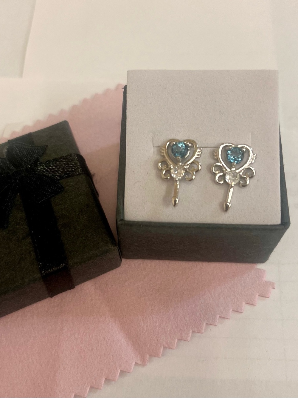 Silver Key Heart Stud Earrings with Aquamarine crystals